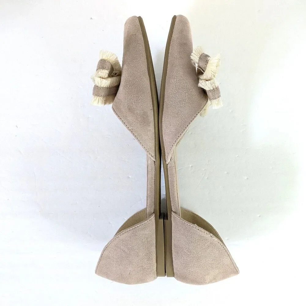 Restricted Flats 8.5 Taupe Faux Suede Pointed Toe Ribbon Fringe Shoes Boho - Picture 3 of 12
